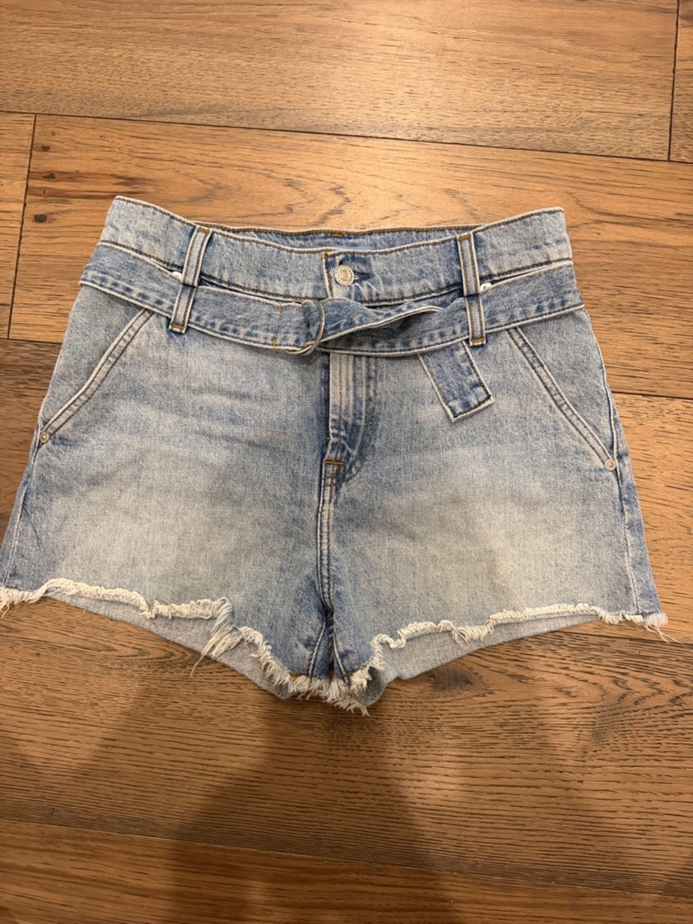 7 For All Mankind Light Blue High-Rise Frayed Hem Denim Shorts